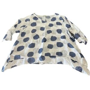 Camille & Co Linen Top L White Navy Polka Dot Lagenlook Boho Chic Gauzy Artsy